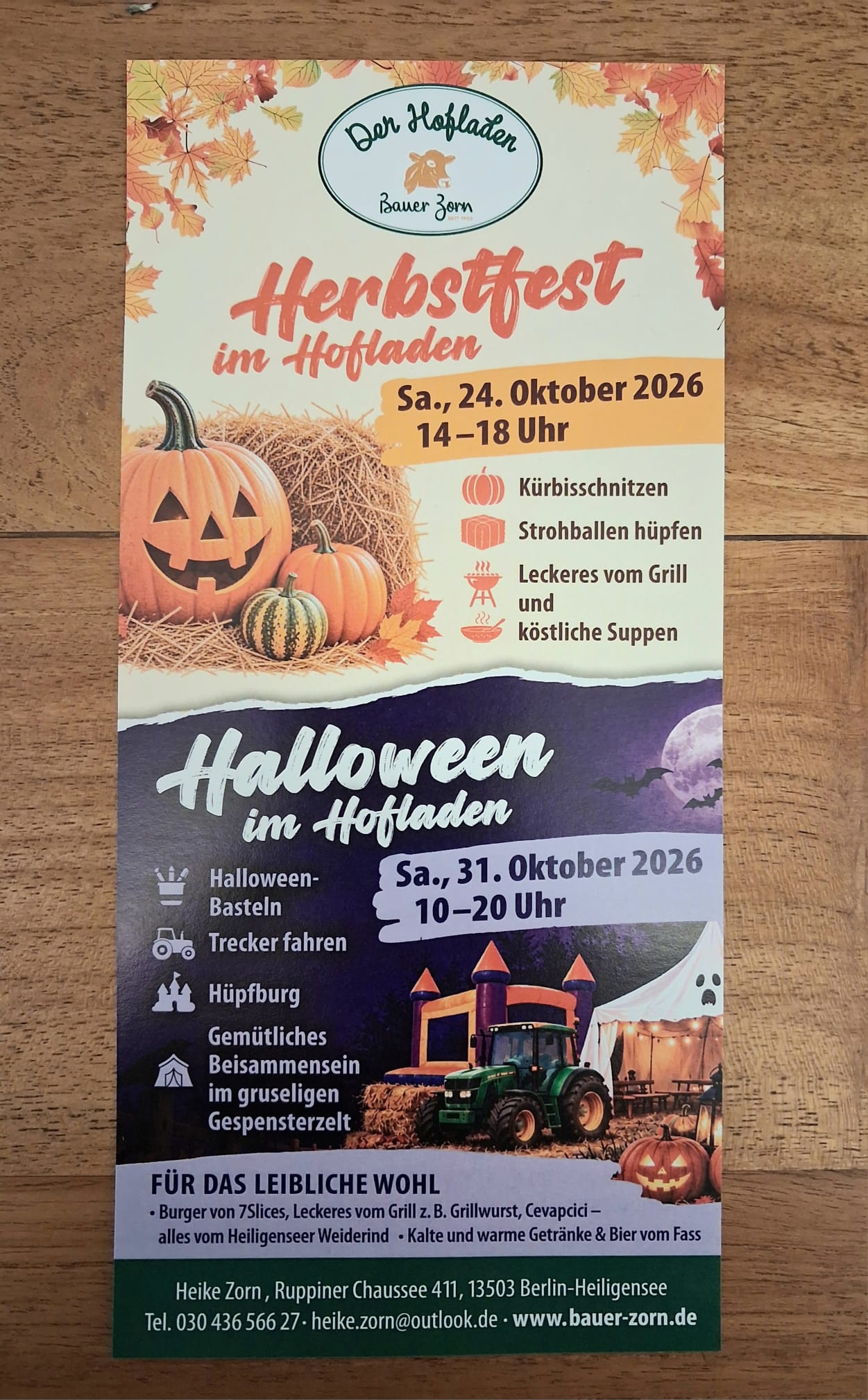 Herbstfest und Halloween im Hofladen Bauer Zorn - Flyer mit Terminen 24.10. und 31.10.2026